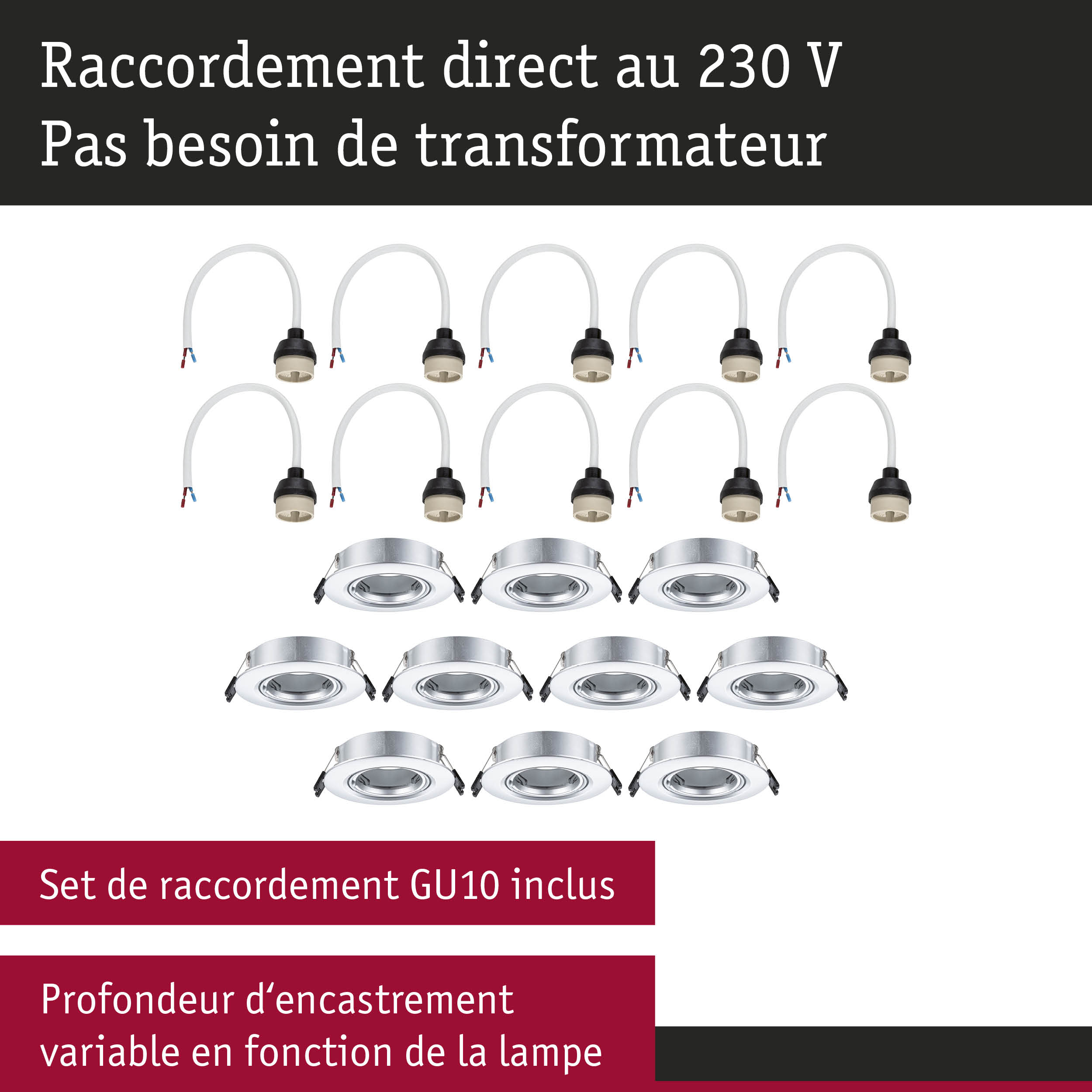 Set de raccordement GU10 avec spots encastrés réglables en argent pour connexion directe 230V