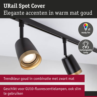 Zwarte URail spots met mat gouden accenten, geschikt voor GU10 lampen, moderne plafondverlichting