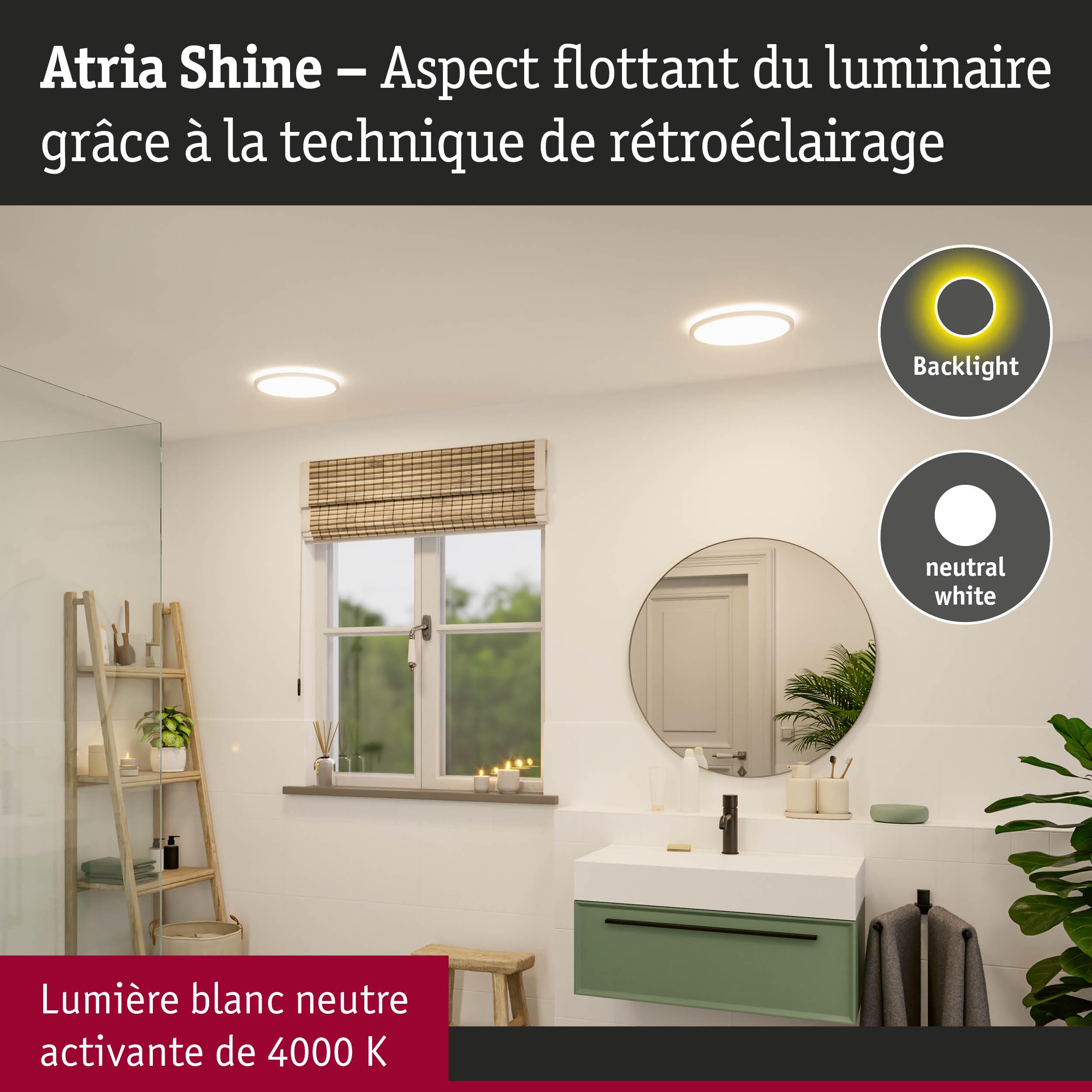 Salle de bain moderne avec luminaires LED Atria Shine en lumière blanche neutre et rétroéclairage