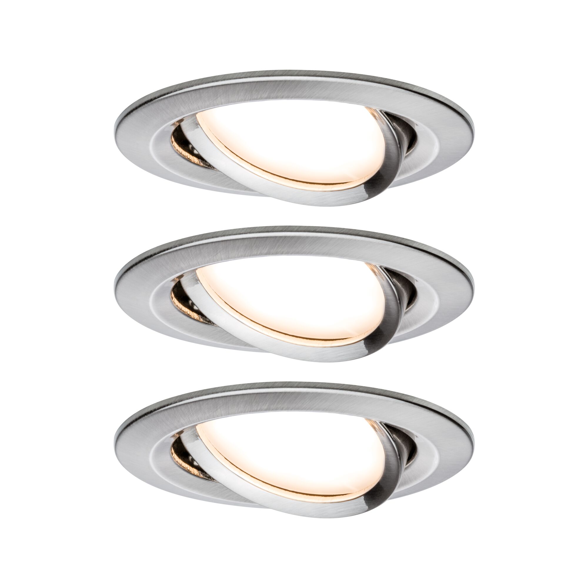 Drei runde Einbaustrahler aus gebürstetem Edelstahl mit warmweißem LED-Licht für moderne Raumbeleuchtung.