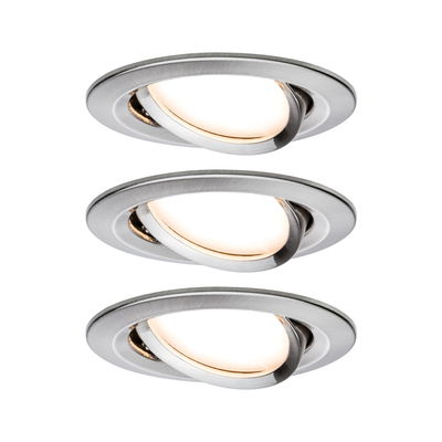 Three round recessed spotlights in brushed stainless steel with warm white LED light for modern room lighting.