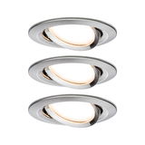 Drie ronde inbouwspots van geborsteld roestvrij staal met warm wit LED-licht voor moderne verlichting.