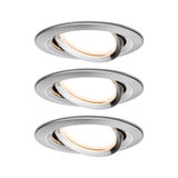 Three round recessed spotlights in brushed stainless steel with warm white LED light for modern room lighting.