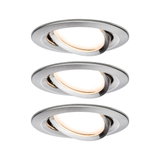 Trois spots encastrés ronds en acier inoxydable brossé avec lumière LED blanc chaud pour éclairage moderne.