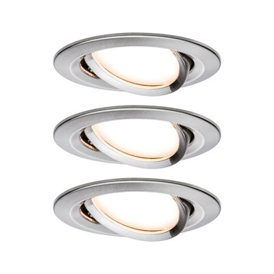 Trois spots encastrés ronds en acier inoxydable brossé avec lumière LED blanc chaud pour éclairage moderne.