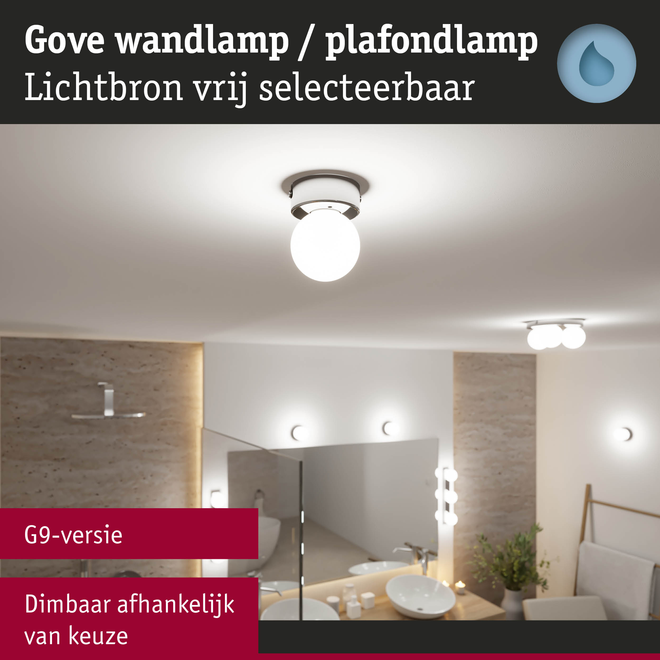 Gove plafondlamp met wit glas en metalen fitting, dimbaar, geschikt voor badkamerverlichting