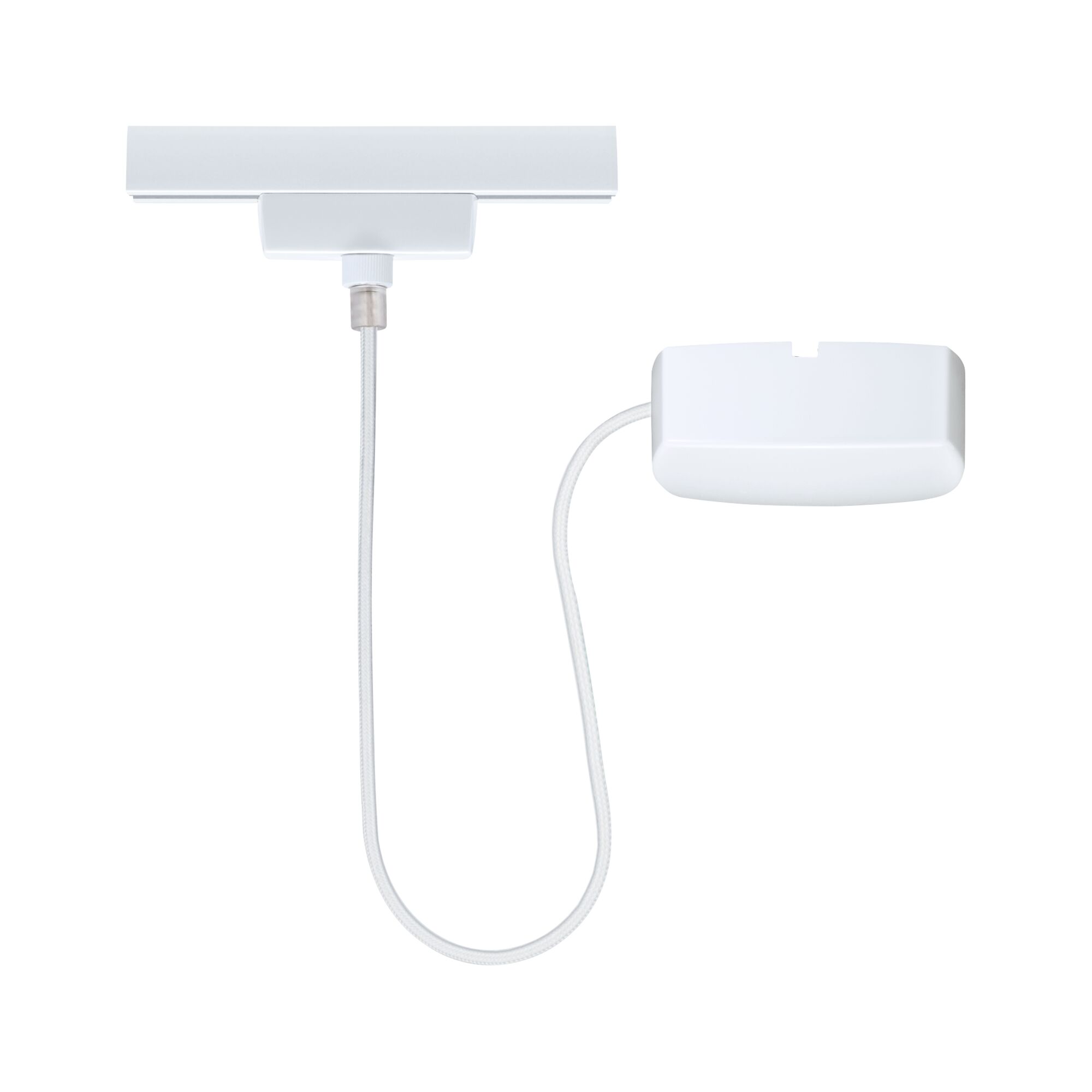 White LED track lighting system with cable and connector box for versatile lighting setups