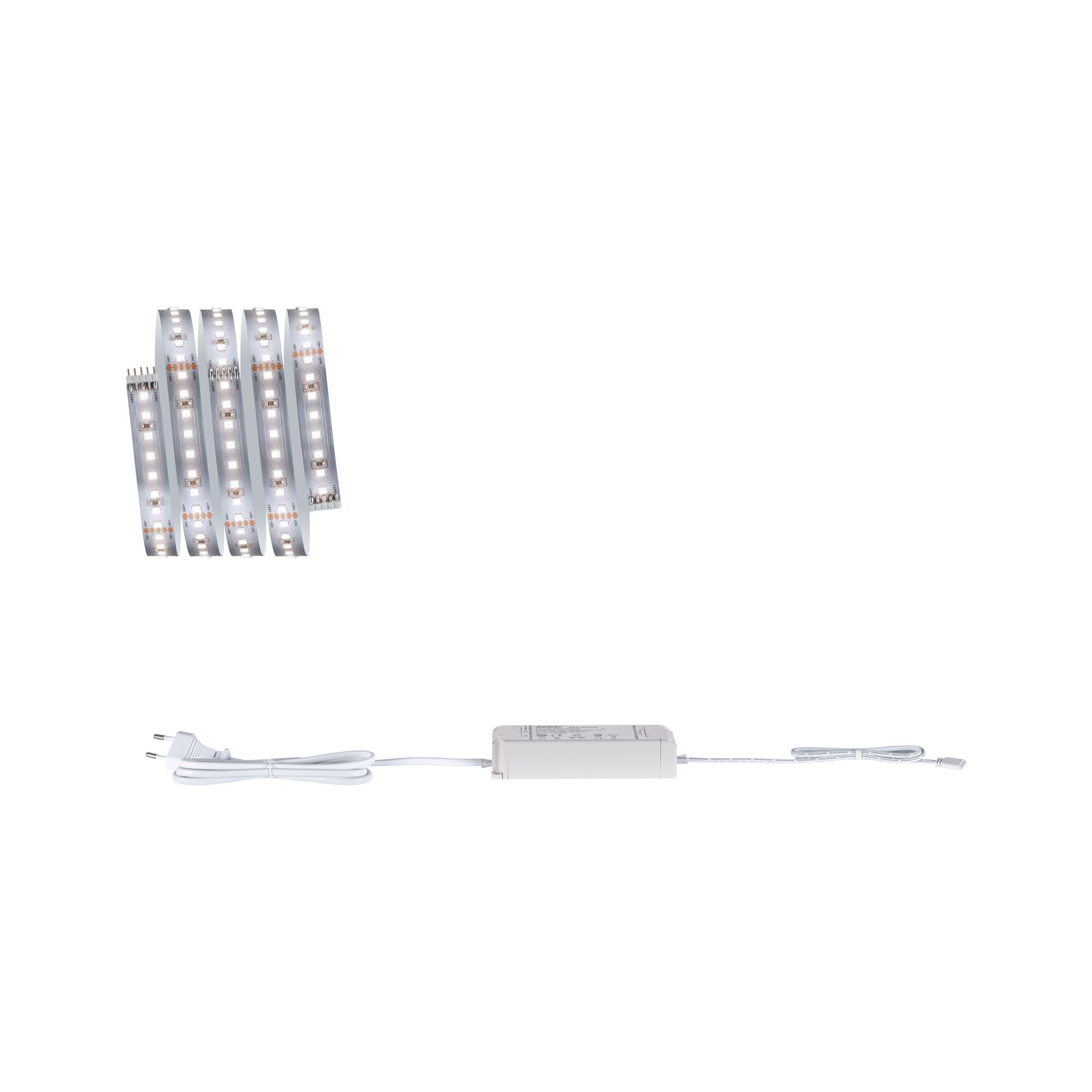 Weißes LED-Lichtband mit Netzteil und Stecker für flexible Beleuchtungslösungen im Innenbereich
