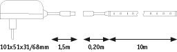 Schéma technique d'un adaptateur secteur blanc avec câble indiquant les dimensions de longueur et d'espacement de la prise