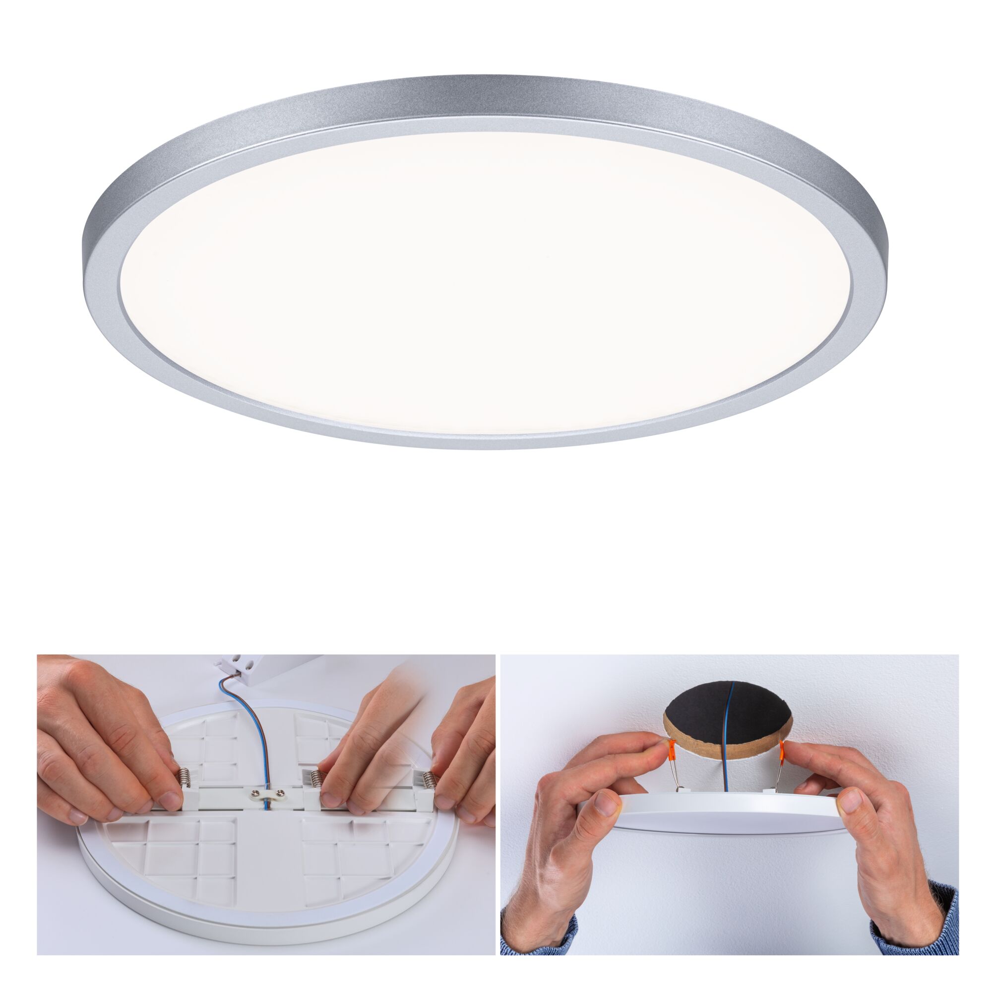 Round LED ceiling light with silver aluminum frame, installation steps showing spring clips and wiring.
