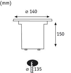 Dessin technique d'un luminaire encastré rond de 140 mm de diamètre et 150 mm de hauteur