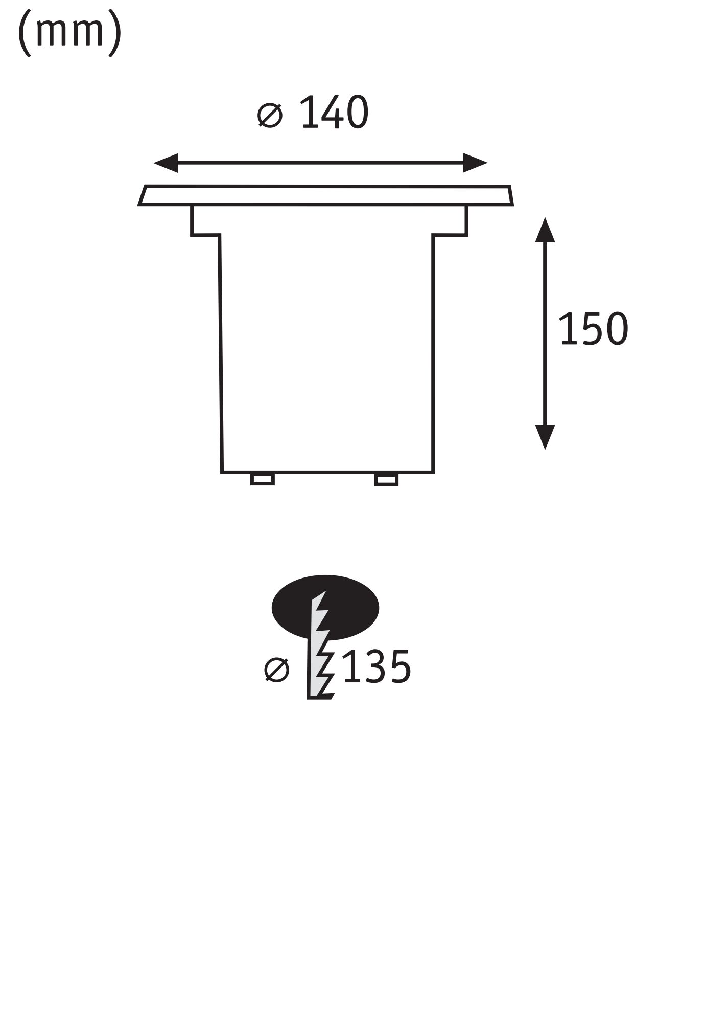 Dessin technique d'un spot encastré rond de 140 mm de diamètre et 150 mm de hauteur