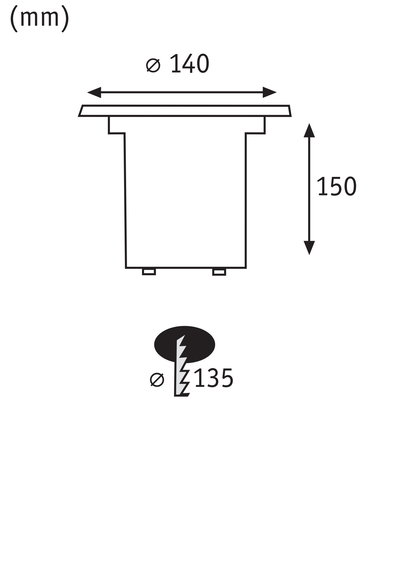 Technische tekening van een ronde inbouwspot met 140 mm diameter en 150 mm hoogte