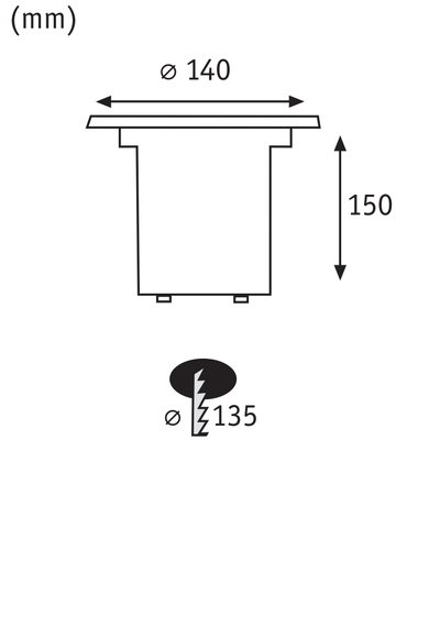 Technische Zeichnung eines runden Einbaustrahler mit 140 mm Durchmesser und 150 mm Höhe