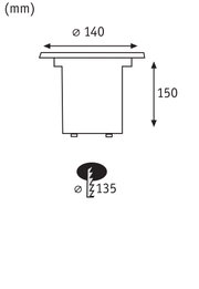 Technische Zeichnung eines runden Einbaustrahler mit 140 mm Durchmesser und 150 mm Höhe