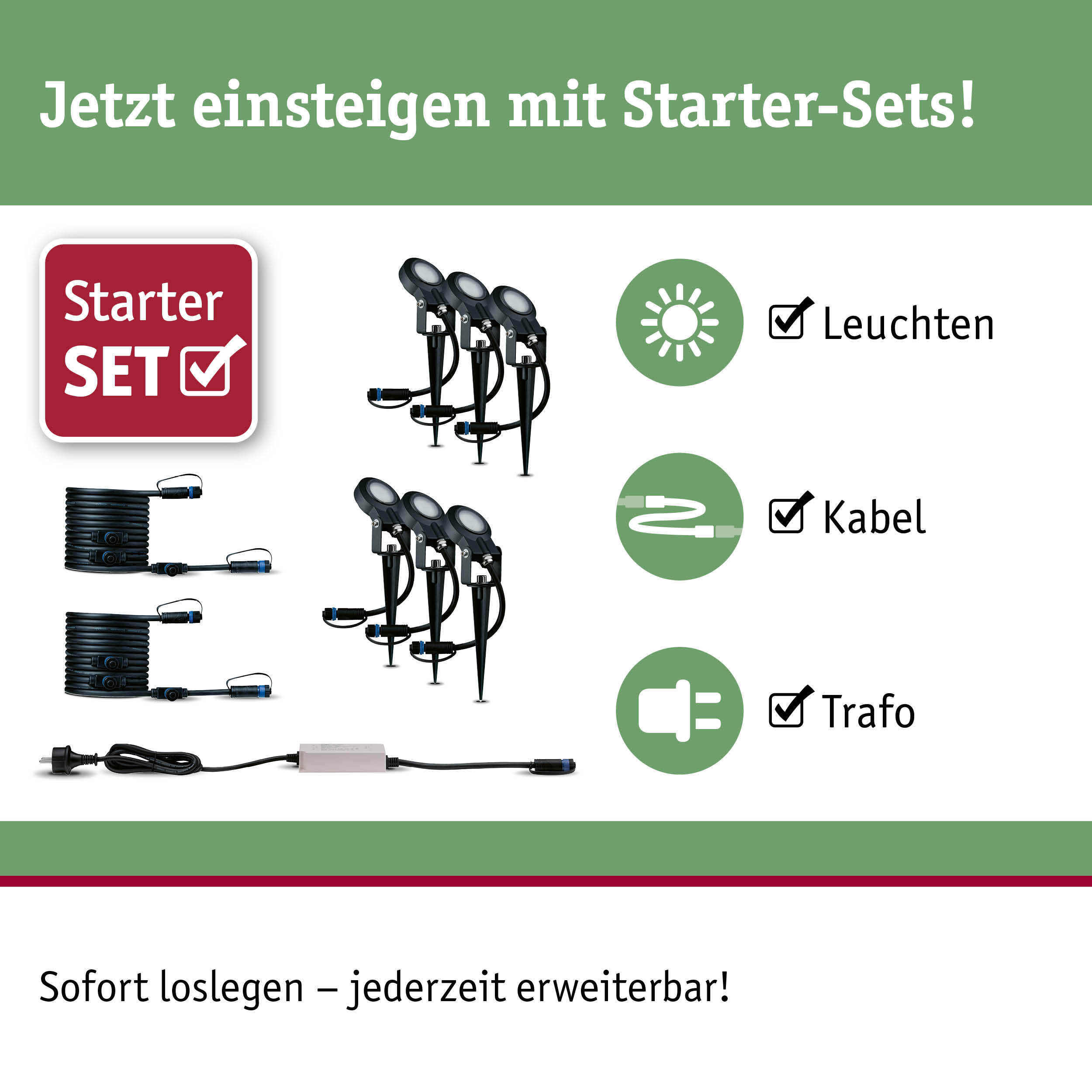 Starter-Set mit schwarzen LED-Gartenstrahlern, Kabeln und Trafo für einfache Außenbeleuchtung