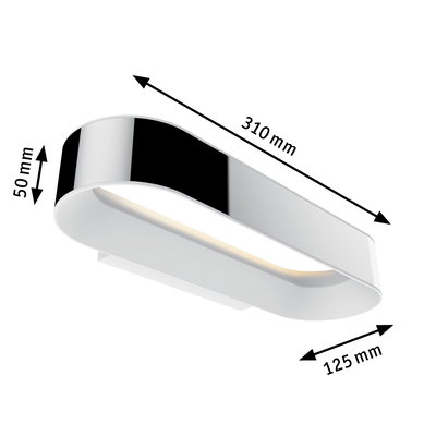 Modern white LED wall light with chrome accent, dimensions 310x125x50 mm, energy-efficient lighting