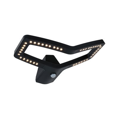 Zwarte LED-wandlamp met modern ontwerp en bewegingssensor voor energiezuinige buitenverlichting