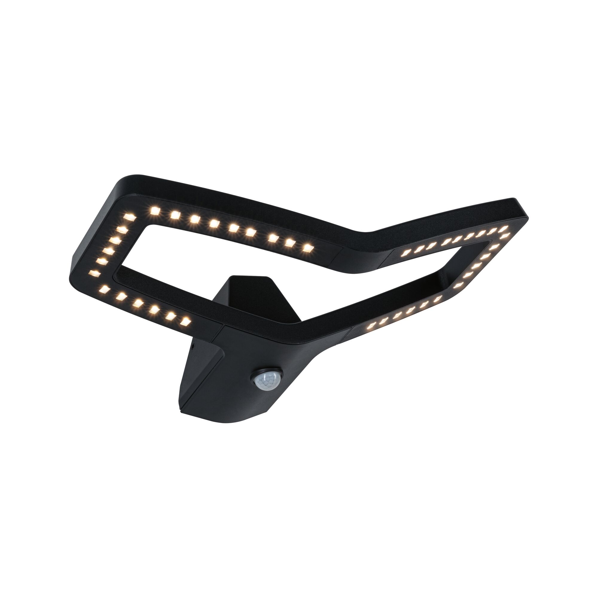 Black LED wall light with modern design and motion sensor for energy-efficient outdoor lighting