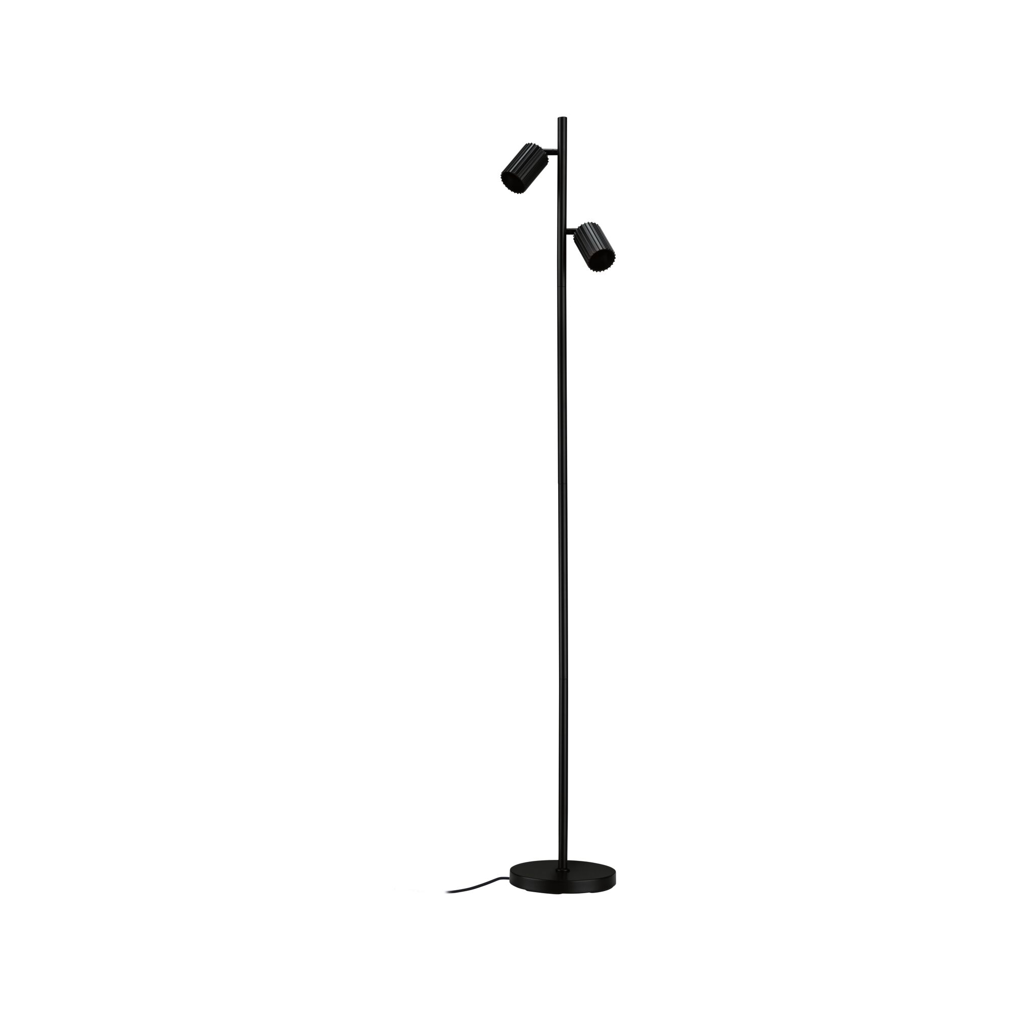 Black metal floor lamp with two adjustable spotlights for modern home lighting