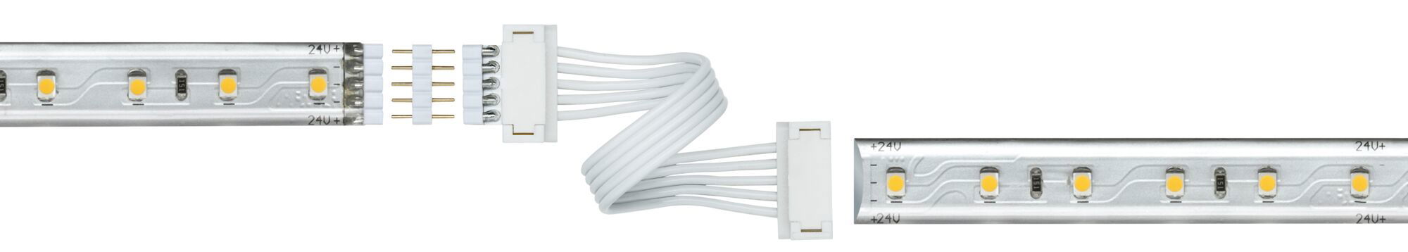 LED strip with white connector cable and plugs for flexible lighting setups