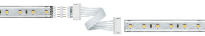 LED strip with white connector cable and plugs for flexible lighting setups