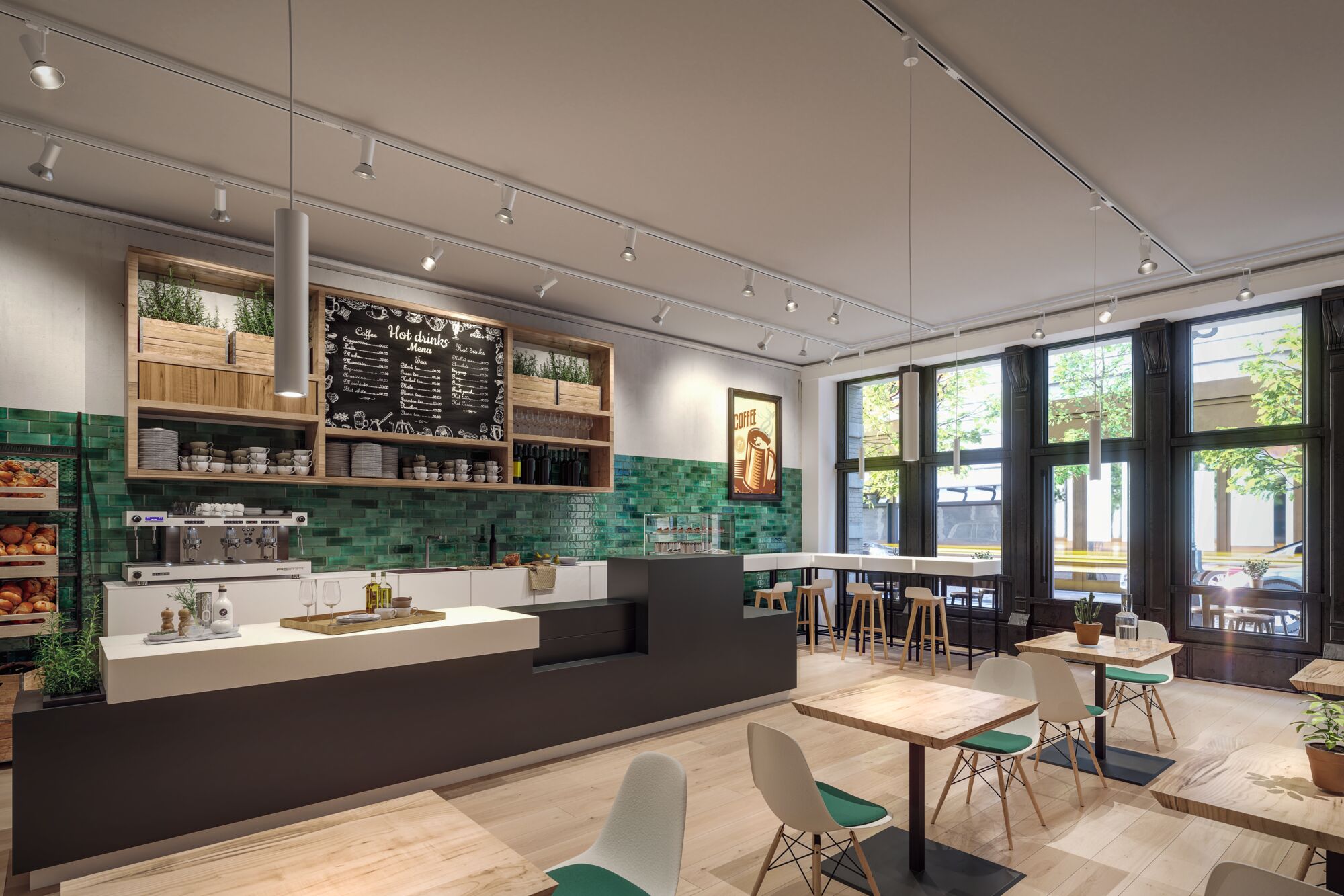 Modernes Café mit grüner Fliesenwand, Holztheke und weißen Pendelleuchten für gemütliche Atmosphäre