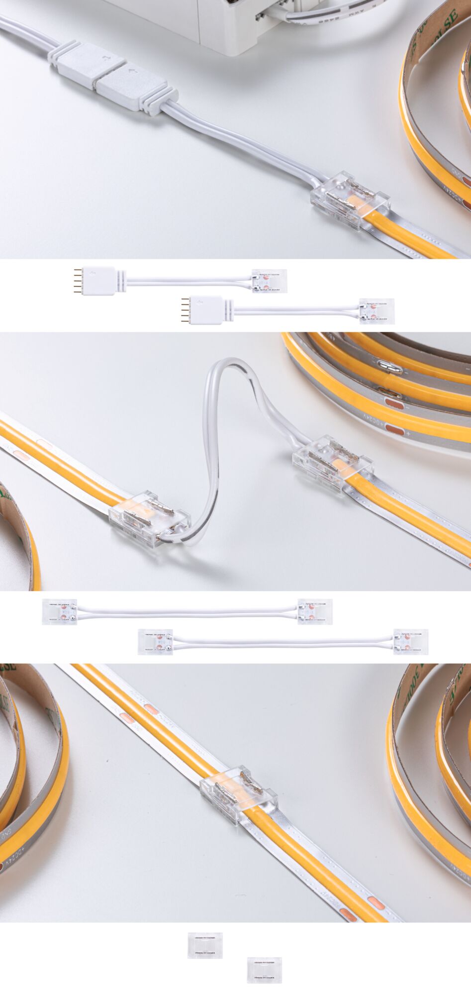 Transparenter LED-Streifenverbinder mit weißem Kabel für flexible Lichtband-Verbindung und einfache Installation.