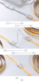 Transparent LED-strip connector med hvid ledning til fleksibel lysstripsforbindelse og nem installation.