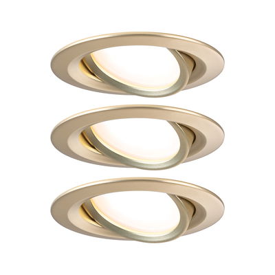 Set of three gold metal LED recessed spotlights with adjustable light for home lighting