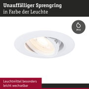 Weißer Einbaustrahler mit unauffälligem Sprengring und IP23 Schutz für Feuchträume