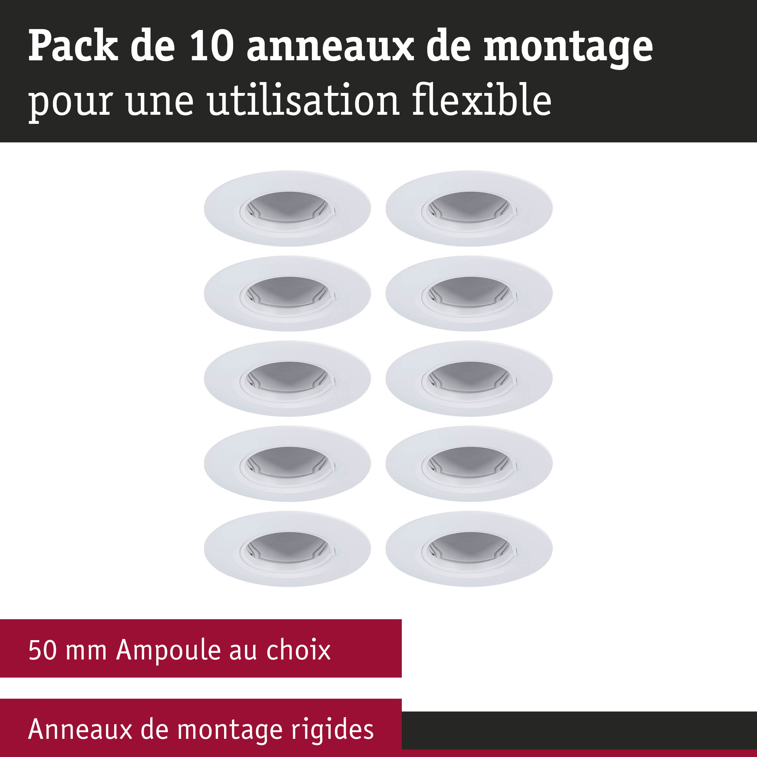 Pack de 10 anneaux de montage blancs pour une utilisation flexible, compatibles avec ampoules 50 mm