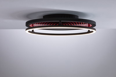 Moderne sort loftlampe med LED-ring og rødt uendelighedsspejleffekt til stilfuld belysning