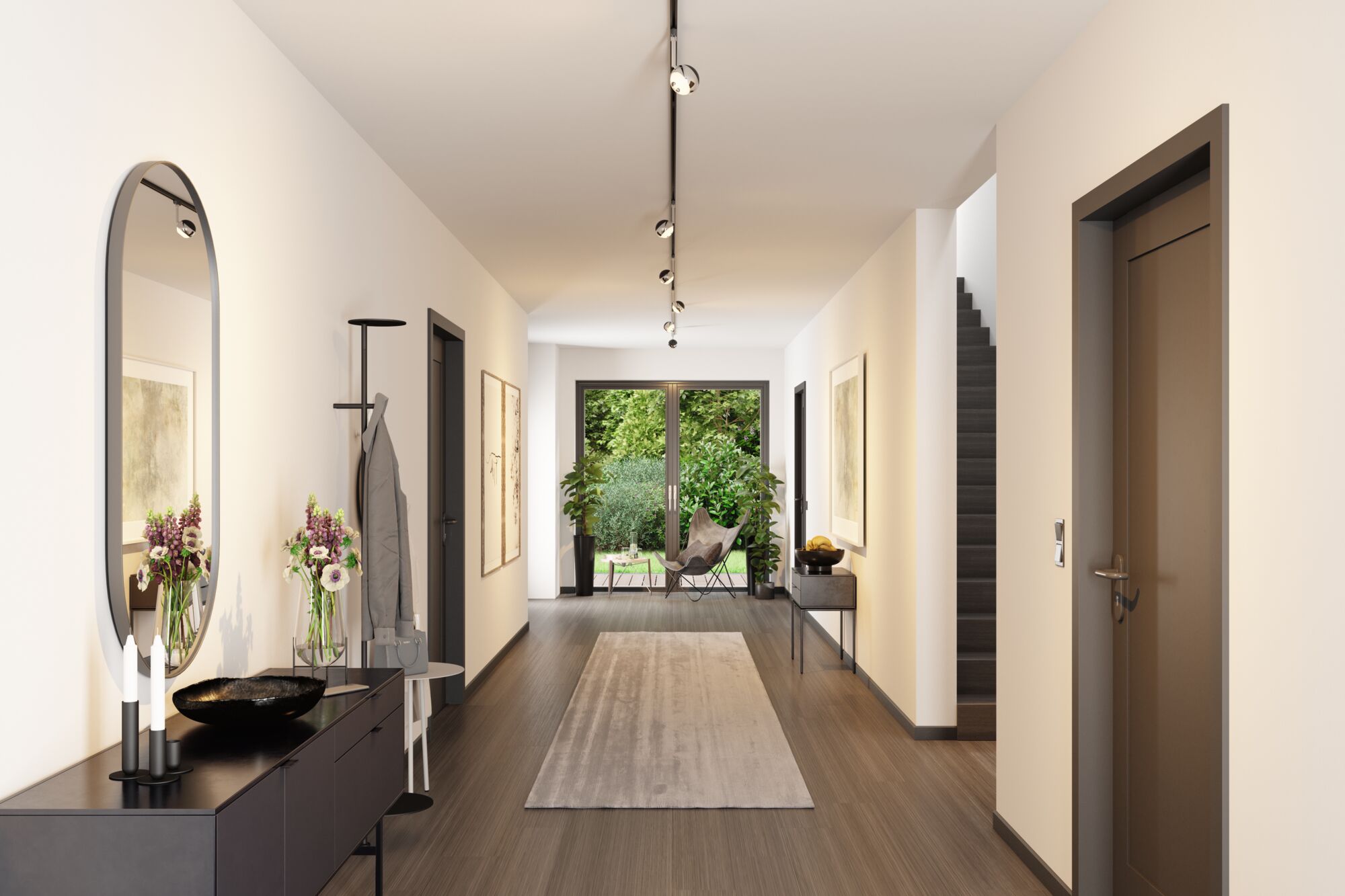 Modern hallway with grey rug, black furniture and ceiling spotlights in neutral tones