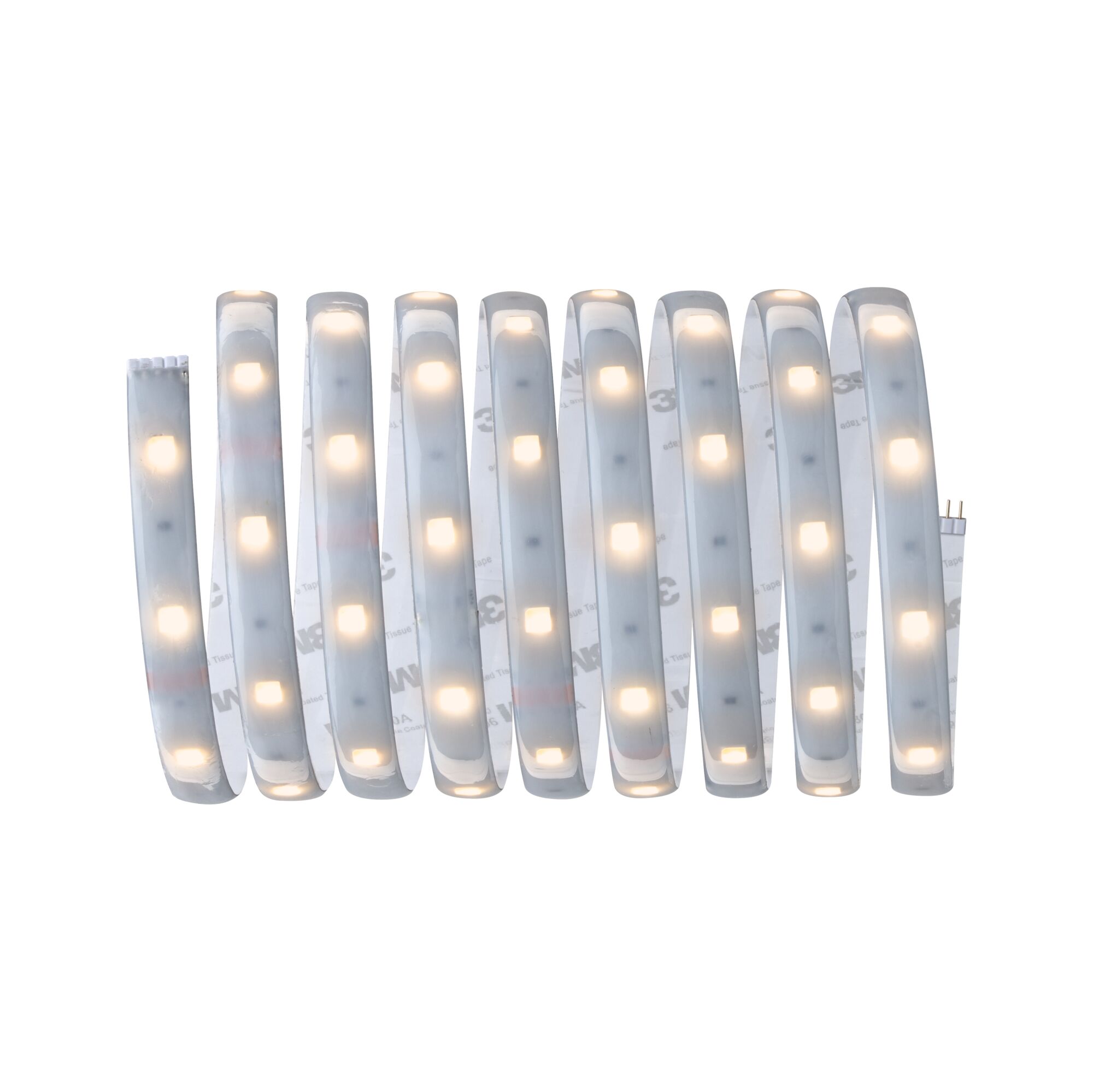 Flexible LED strip light with warm white glow and adhesive backing for versatile lighting solutions.