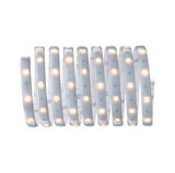 Flexible LED strip light with warm white glow and adhesive backing for versatile lighting solutions.