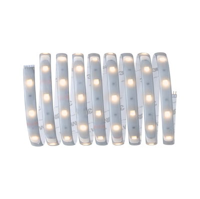 Flexible LED strip light with warm white glow and adhesive backing for versatile lighting solutions.