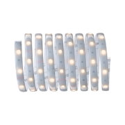 Flexible LED strip light with warm white glow and adhesive backing for versatile lighting solutions.
