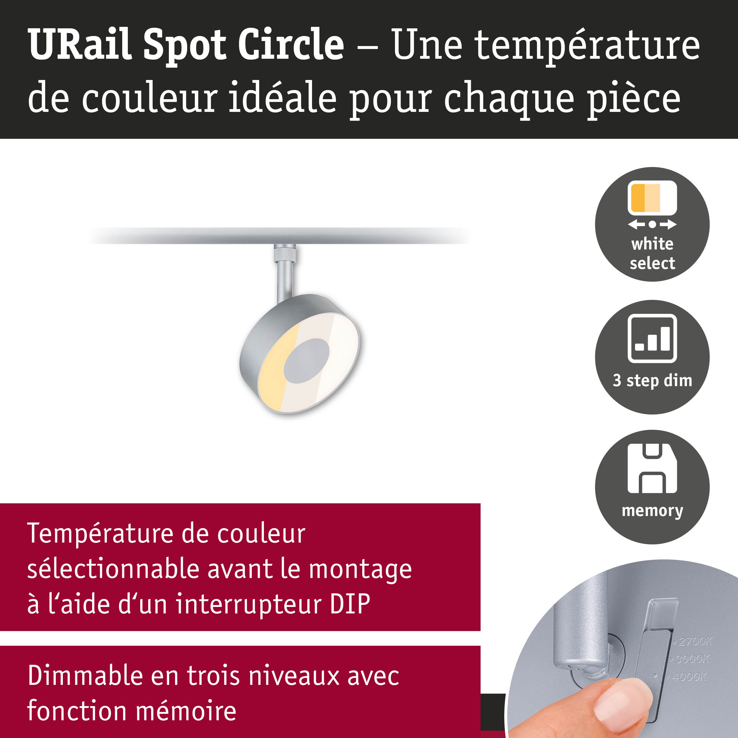 Spot URail Circle argenté avec température de couleur réglable et fonction mémoire à 3 niveaux