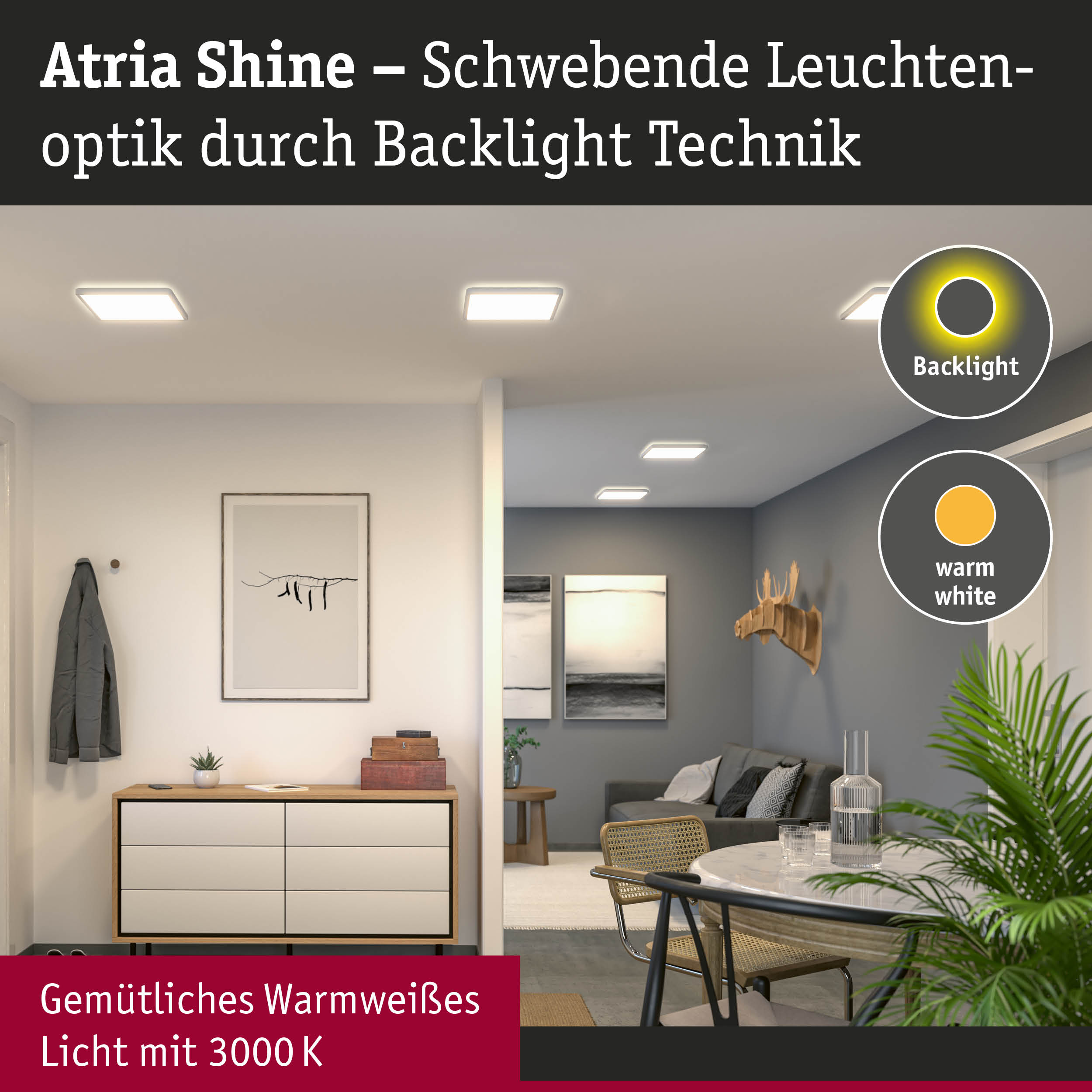 Atria Shine LED-Deckenleuchten mit schwebender Backlight-Technik und warmweißem Licht 3000K im modernen Wohnzimmer