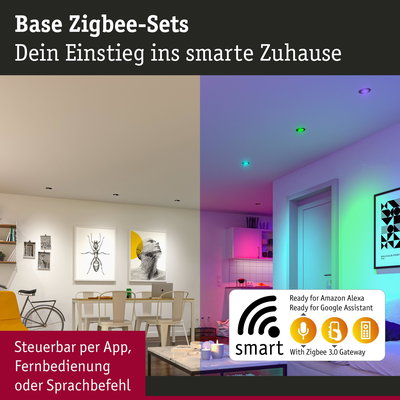 Wohnzimmer mit smarten Zigbee-LED-Leuchten in Weiß und buntem Licht, steuerbar per App und Sprachbefehl