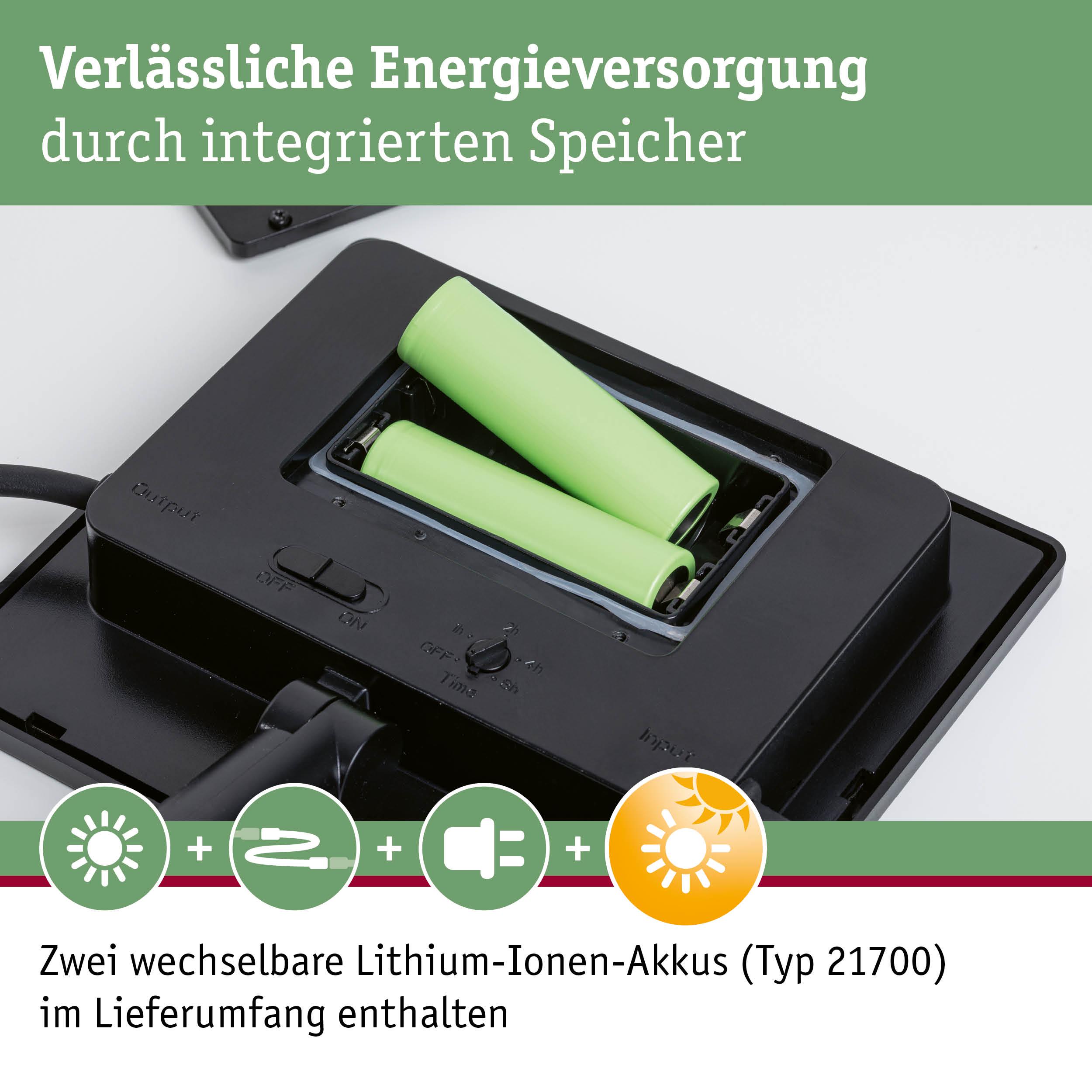 Schwarzes Ladegerät mit zwei grünen Lithium-Ionen-Akkus Typ 21700 für zuverlässige Energieversorgung
