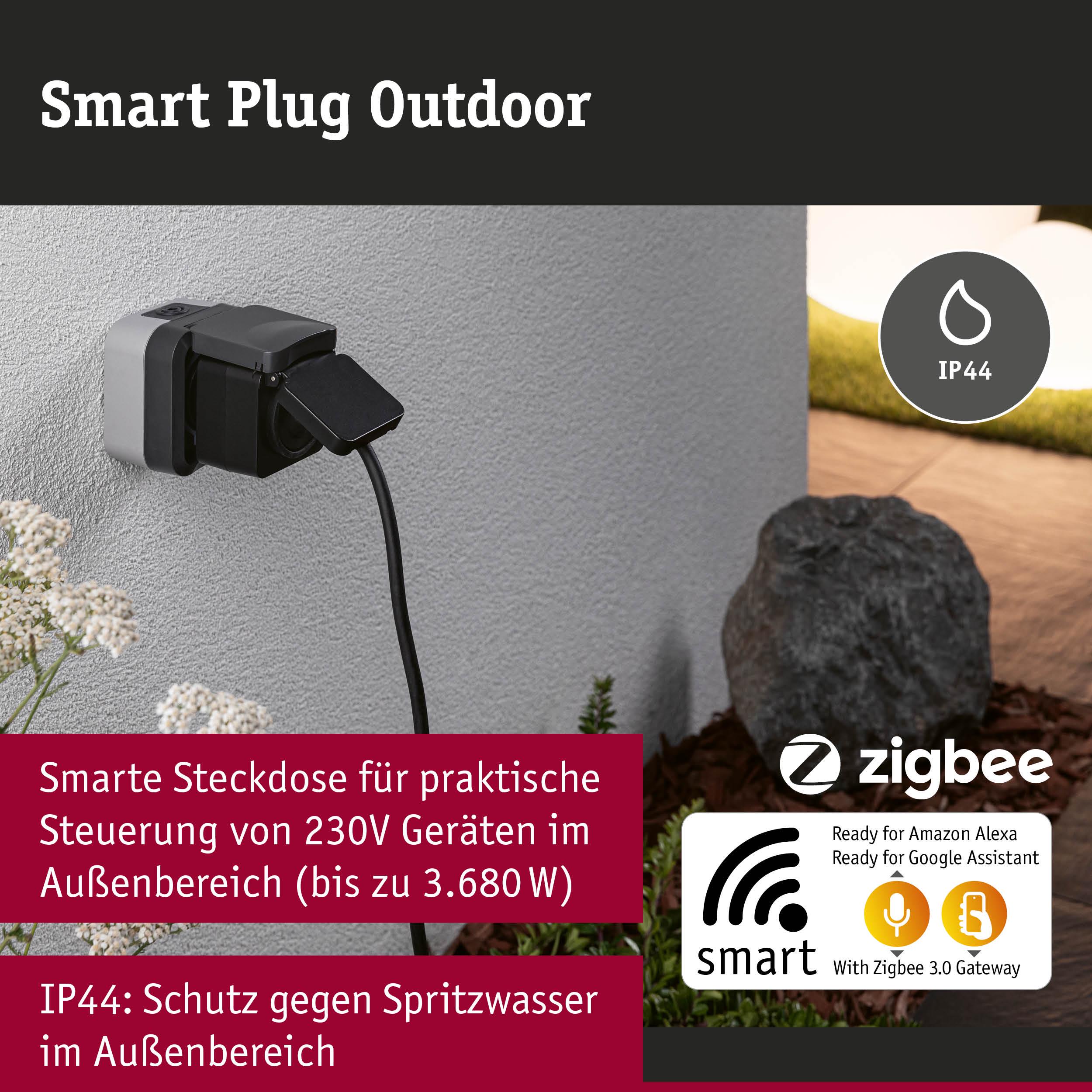 Schwarze Smart Outdoor Steckdose mit IP44 Schutz für 230V Geräte, Steuerung per Zigbee und Alexa.