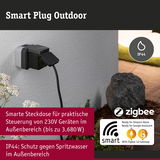 Schwarze Smart Outdoor Steckdose mit IP44 Schutz für 230V Geräte, Steuerung per Zigbee und Alexa.