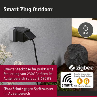 Schwarze Smart Outdoor Steckdose mit IP44 Schutz für 230V Geräte, Steuerung per Zigbee und Alexa.