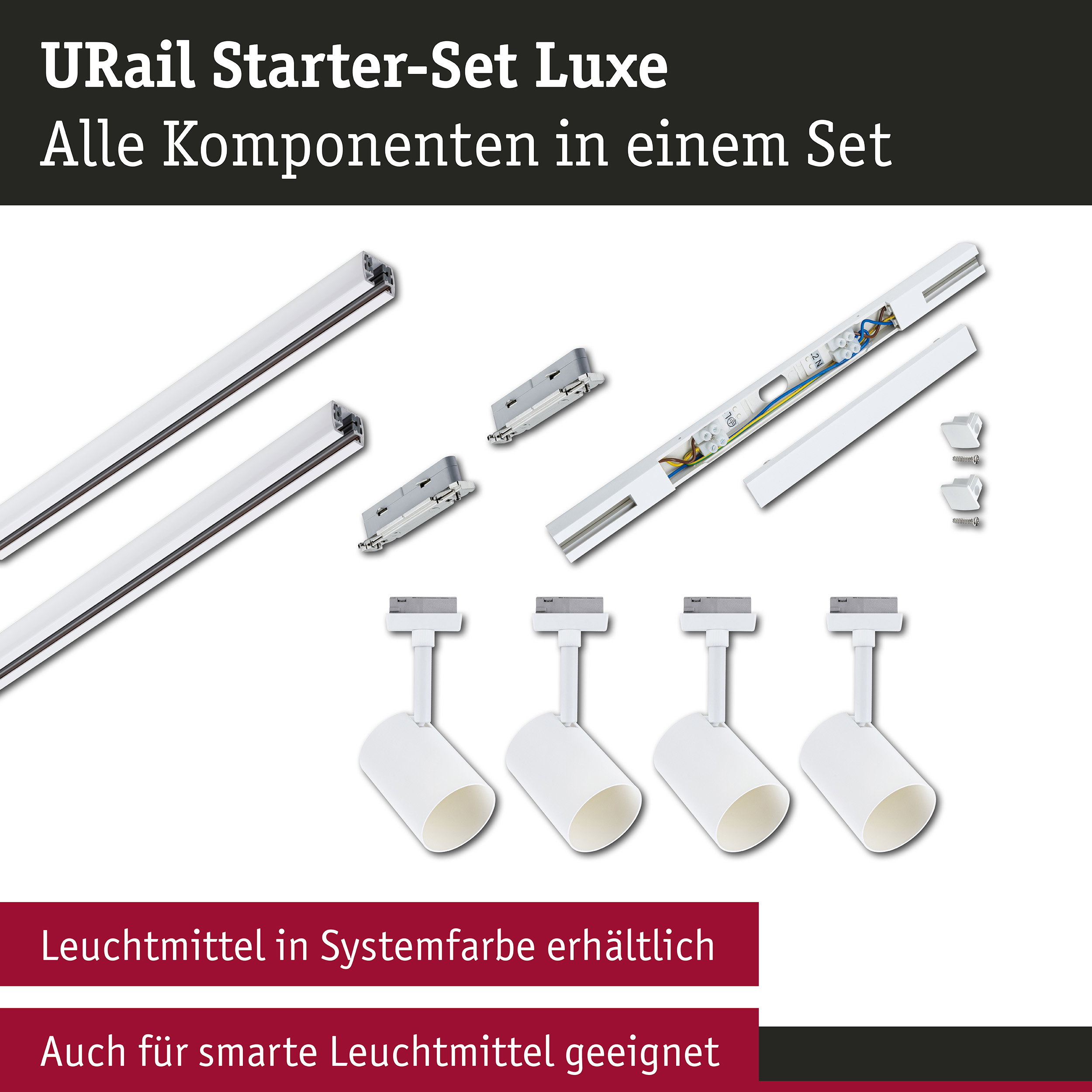 URail Schienenspot Luxe Starterset Mitteleinspeisung GU10 max. 10W 230V Signalweiß