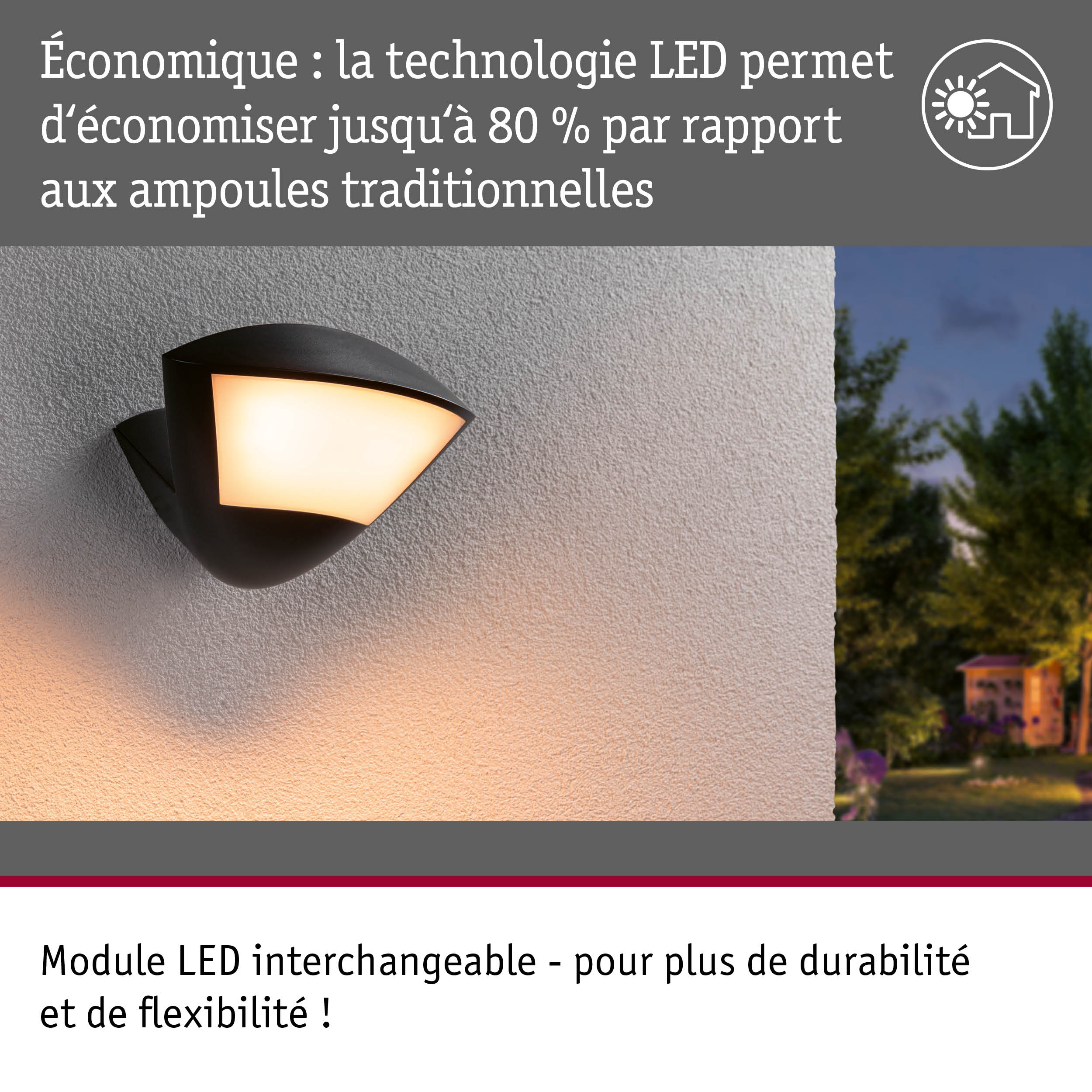 Applique murale LED noire avec lumière blanc chaud sur mur extérieur blanc, technologie LED économique