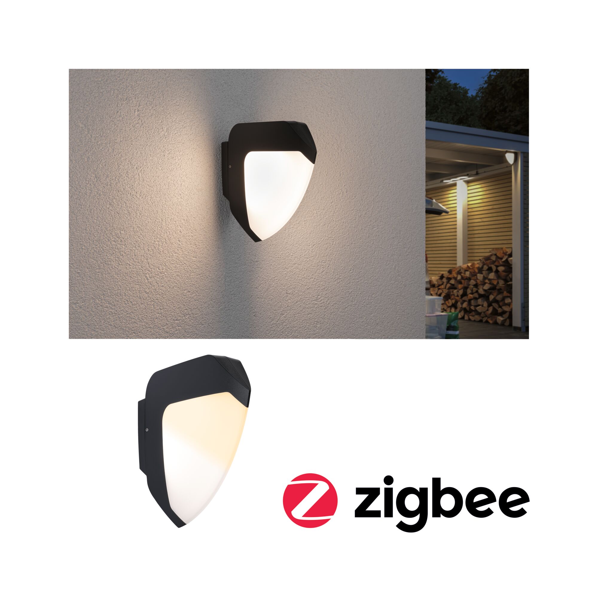 Schwarze Außenwandleuchte mit weißem Diffusor aus Kunststoff, geeignet für smarte Zigbee-Beleuchtung.