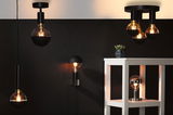 Moderne schwarze Leuchten mit halbdurchsichtigen Glühbirnen in Wohnraum mit weißem Regal und Pflanze.