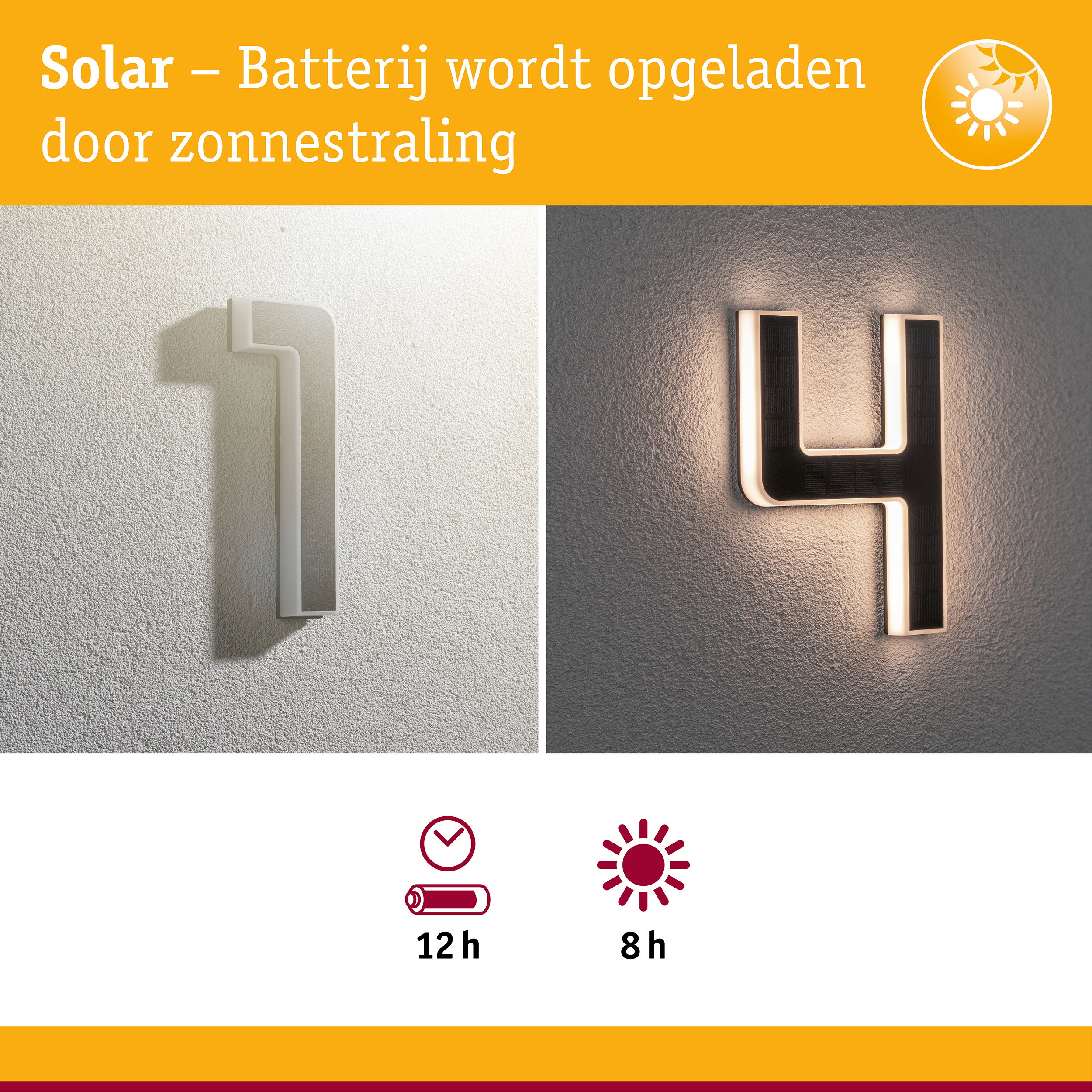 Zonne-energie huisnummerverlichting met wit frame en energiezuinige LED-verlichting